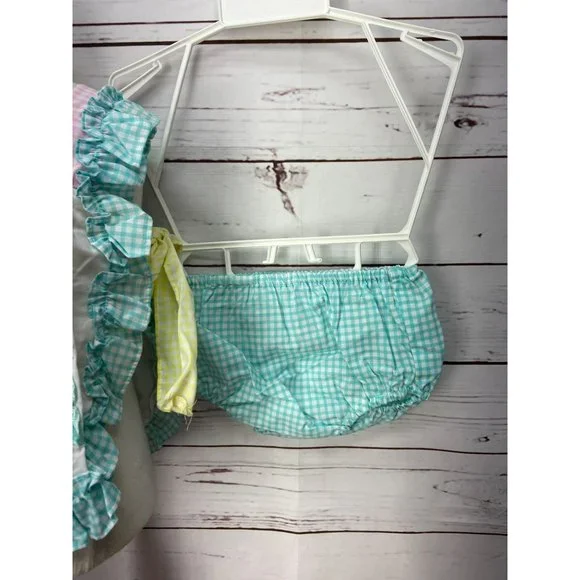 Broadway Kids Aqua Pink Gingham Smock Fish Tie Side Size 18 Months Two Piece Set - Picture 3 of 9